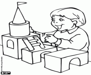 Coloriage Enfant fait un ch�teau avec un jeu de construction avec des morceaux de bois