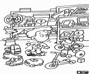 Coloriage Enfant hereux dans un magasin de jouets � partir d'un jeu de fl�chettes � un ordinateur pour enfant