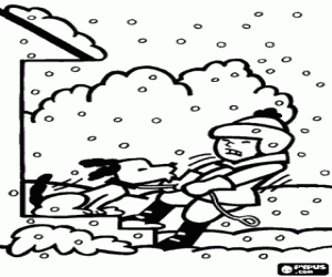 Coloriage Enfant qui essaie de marcher le chien au cours d'une forte chute de neige