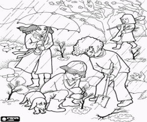 Coloriage Enfants � le plantation de petits arbres dans le jardin sous une pluie d'automne