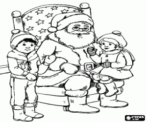 Coloriage Enfants � parler au P�re No�l, l'enfant assis sur son genoux