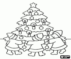 Coloriage Enfants autour d'un arbre de No�l illumin� par des bougies