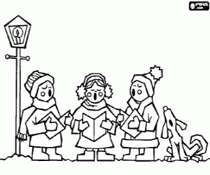 Coloriage Enfants chantant chants de No�l avec son chien dans la rue pour No�l