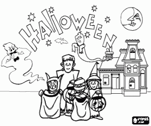 Coloriage Enfants d�guis�s en monstres et sorci�res en face d'une maison hant�e par les fant�mes de la nuit de Halloween