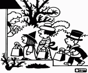 Coloriage Enfants desguis�s en faisant le tour ou le traiter dans la maison d'une voisine pour l'Halloween