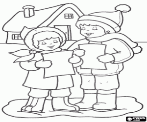 Coloriage Enfants en chantant des chants de No�l dans la rue devant une maison