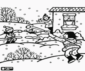 Coloriage Enfants en jouant � un bataille de neige