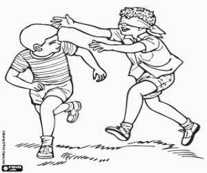 Coloriage Enfants jouant � le colin-maillard , l'enfant avec les yeux band�s essaie d'attraper d'un autre enfant