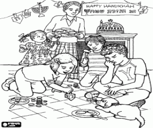 Coloriage Enfants jouant avec un dreydel ou sevivon,une toupie � quatre faces, en la f�te de Hanoucca