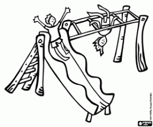 Coloriage Enfants jouant dans le terrain de jeux du parc, descendre pour le toboggan et suspendus comme des singes � travers les barreaux