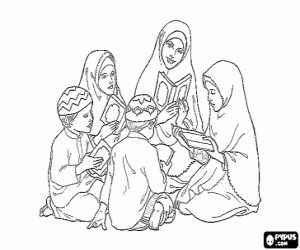 Coloriage Enfants lisant le Coran, le livre sacr� de l'Islam