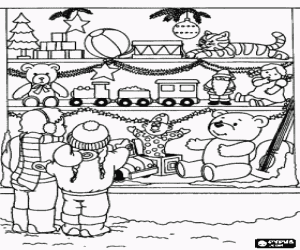 Coloriage Enfants regardent la vitrine d'un magasin de jouets � No�l