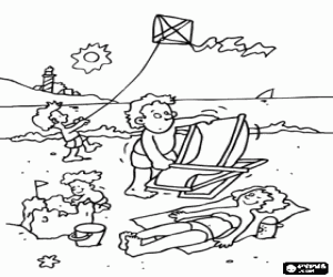 Coloriage Famille � la plage la m�re avec bains de soleil, le p�re a la pr�paration de la chaise longue, l'enfant plus �g� � voler le cerf-volant et le petit gar�on de faire un ch�teau de sable
