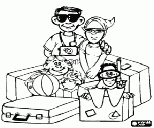 Coloriage Famille avec les bagages pr�ts pour l'�t�: des sacs, balles, poup�es, mat�riel de plong�e, cam�ra et de lunettes de soleil