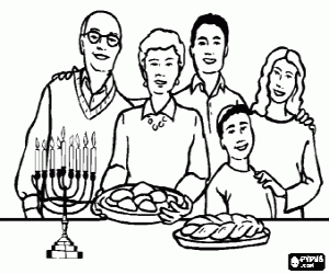 Coloriage Famille dans la c�l�bration d'Hanoukka ou Hanoucca avec le chandelier � neuf branches hanoukkia et aliments typiques de la f�te, levivot et sufgainot
