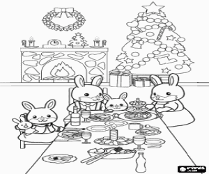 Coloriage Famille de lapins autour de la table d�cor�e pour la c�l�bration de No�l