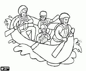 Coloriage Famille, p�re, m�re, fils et fille, en naviguant et en ramant dans un canot �quip� de casques et de gilets de sauvetage