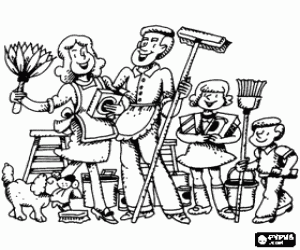 Coloriage Famille pr�t � nettoyer son maison, les parents, les enfants et le chien