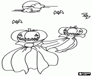 Coloriage Fant�mes avec la cape e la t�te de citrouille et de chauves-souris � la nuit de Halloween