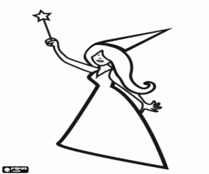 Coloriage F�e avec un chapeau en forme de c�ne et de baguette magique