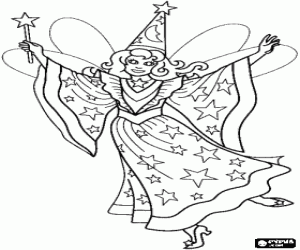 Coloriage F�e avec une robe et un chapeau avec des �toiles plein la baguette magique dans sa main