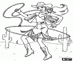 Coloriage Femme cowboy lanceant le lasso dans le d�sert entre le cactus