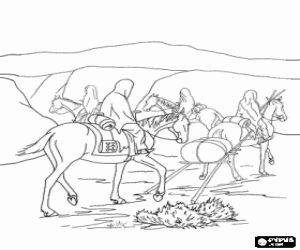 Coloriage Femmes indiennes avec des chevaux pendant le voyage pour trouver un nouveau camp