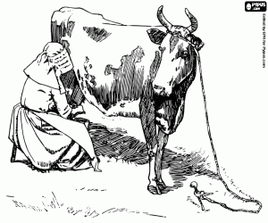 Coloriage Fermier trayant une vache, assis sur un tabouret faint le traite � le main du lait des mamelles des animale