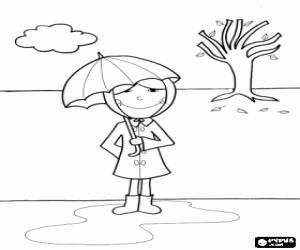 Coloriage Fille avec des bottes en caoutchouc, un imperm�able et un parapluie dans un paysage d'automne avec un arbre � feuilles caduques