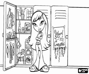 Coloriage Fille Bratz devant son casier � l'Institut avec tous les effets personnels
