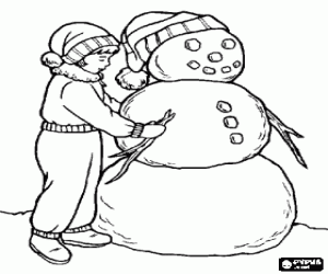Coloriage Fille faisant un gros bonhomme de neige