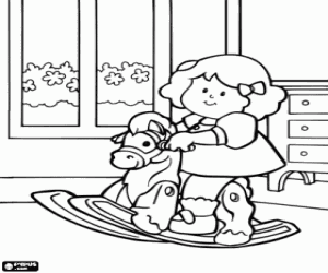 Coloriage Fille jouant � la maison avec son cheval � bascule