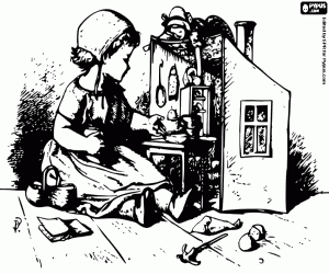 Coloriage Fille jouant avec une poup�e et une maison de poup�e avec des meubles 