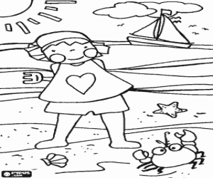 Coloriage Fille jouant sur la plage avec un crabe et un bateau sur la mer