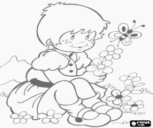 Coloriage Fille recueillant unes marguerites et regardant un papillon