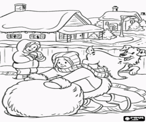 Coloriage Filles avec un chien jouant dans la neige, faint une grosse boule en plein hiver