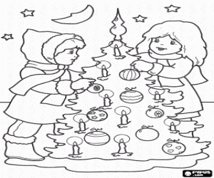 Coloriage Filles en d�corant l'arbre de No�l sous la l�miere de la lune et des �toiles