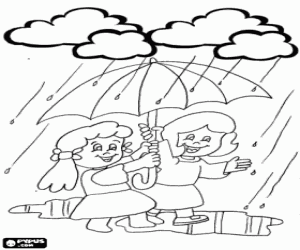 Coloriage Filles marchant sous la pluie avec son parapluie