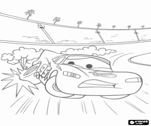 Coloriage Flash McQueen, au moment de subir l'aiguillon de sa roue pour la course Piston Cup