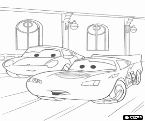 Coloriage Flash McQueen faisant un tour sur Radiator Springs avec son amie Sally Carrera