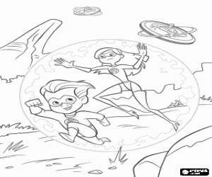 Coloriage Fl�che et Violette, dans un domaine de force, �chappant des gardiens volants de l'�le de Syndrome