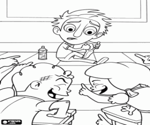 Coloriage Flint enfant � l'�cole recevant les railleries de ses camarades de classe par les r�sultats catastrophiques de ses inventions