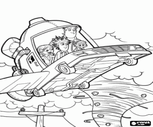 Coloriage Flint et ses amis, regarder la tornade de la nourriture de sa voiture volant