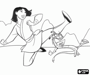 Coloriage Formation de Mulan avec Mushu � lutter dans la guerre contre les huns