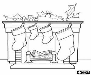 Coloriage Foyer en No�l avec les chaussettes accroch�es et avec les ornementations de No�l