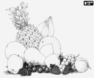 Coloriage Fruits vari�s: ananas, banane, melon, pomme, poire, citron, raisins, cerises, fraises, p�che et framboises