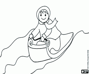 Coloriage Gar�on chaud avec le chapeau et l'�charpe vers le bas sur un tra�neau