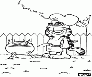 Coloriage Garfield � pr�parer un barbecue dans le jardin