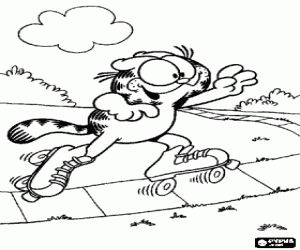 Coloriage Garfield avec ses patins � roulettes dans le parc