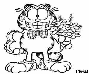 Coloriage Garfield �l�gant avec des cadeaux du Saint-Valentin, un bouquet de fleurs et un grand coeur